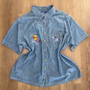 Vintage Disney Winnie The Pooh Blue Embroidery Eeyore Piglet Denim Button Shirt